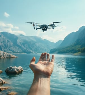 Imagen de un dron sobrevuela una mano abierta junto a un sereno lago de montaña, capturando la intersección entre naturaleza y tecnología.