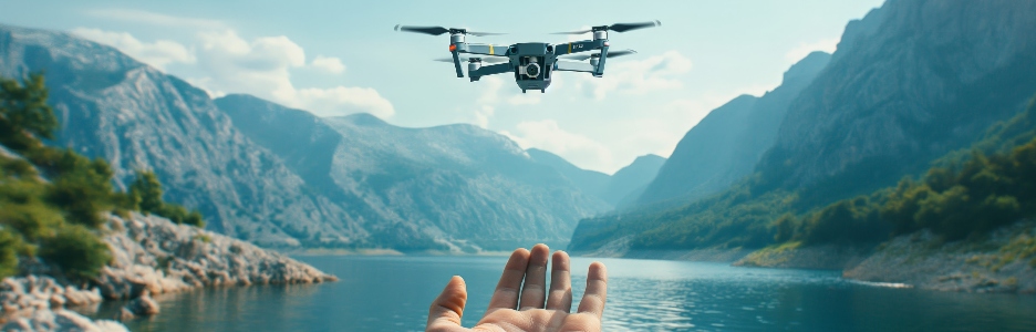 Imagen de un dron sobrevuela una mano abierta junto a un sereno lago de montaña, capturando la intersección entre naturaleza y tecnología.