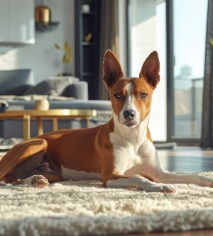 Una imagen de un un perro basenji adulto yace sobre una alfombra en un apartamento moderno. Una mascota en la sala de estar, un hermoso perro de raza pura solitario, espera al dueño de la casa
