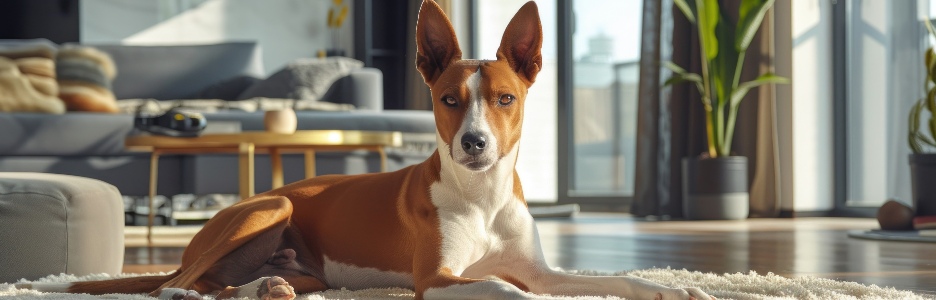 Una imagen de un un perro basenji adulto yace sobre una alfombra en un apartamento moderno. Una mascota en la sala de estar, un hermoso perro de raza pura solitario, espera al dueño de la casa