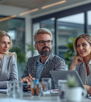 Imagen de ejecutivos de negocios conversando en una sala de juntas a través de videoconferencia