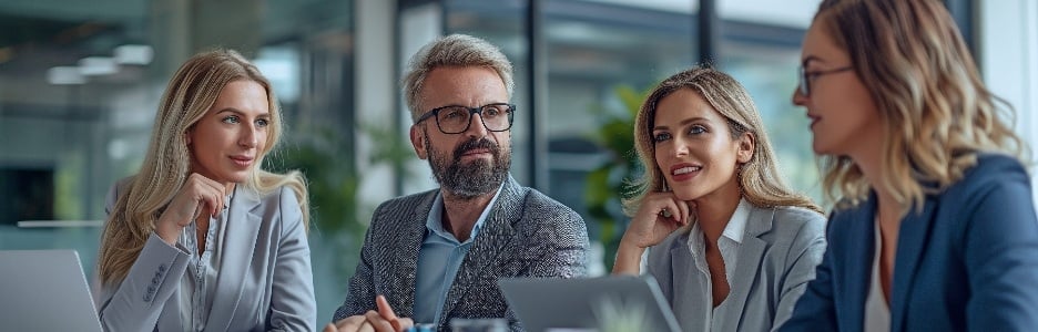 Imagen de ejecutivos de negocios conversando en una sala de juntas a través de videoconferencia