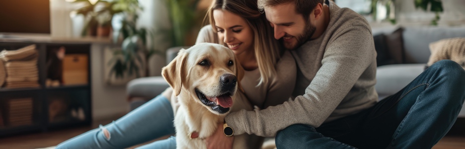 Imagen de gente feliz en casa con amor de mascota favorita y amistad de pragma humano y animal