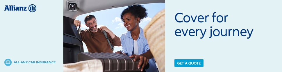 Allianz Car Insurance banner with image of a couple of retired folks driving a car