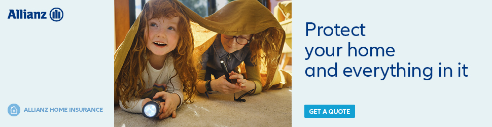 Allianz Home Insurance banner with image of parents saying goodbye to their child before going on vacation