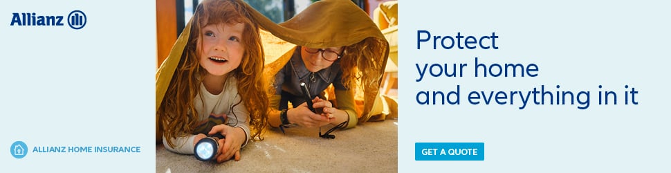 Allianz Home Insurance banner with image of parents saying goodbye to their child before going on vacation