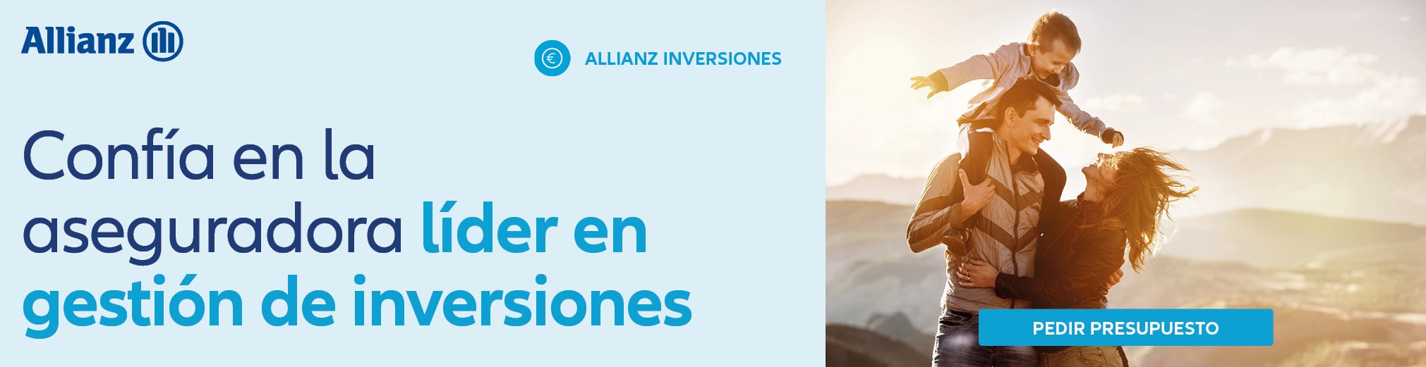 Banner de Allianz Inversiones con imagen de padres jugando con su hijo en la montaña
