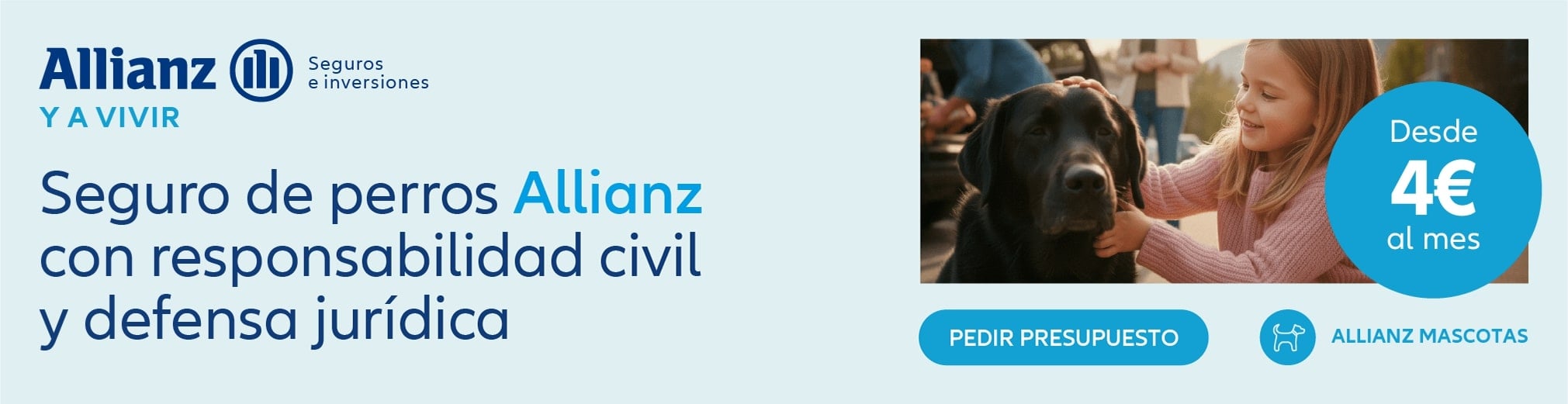 Banner de Seguro de Mascotas Allianz con imagen de una niña jugando con su perro