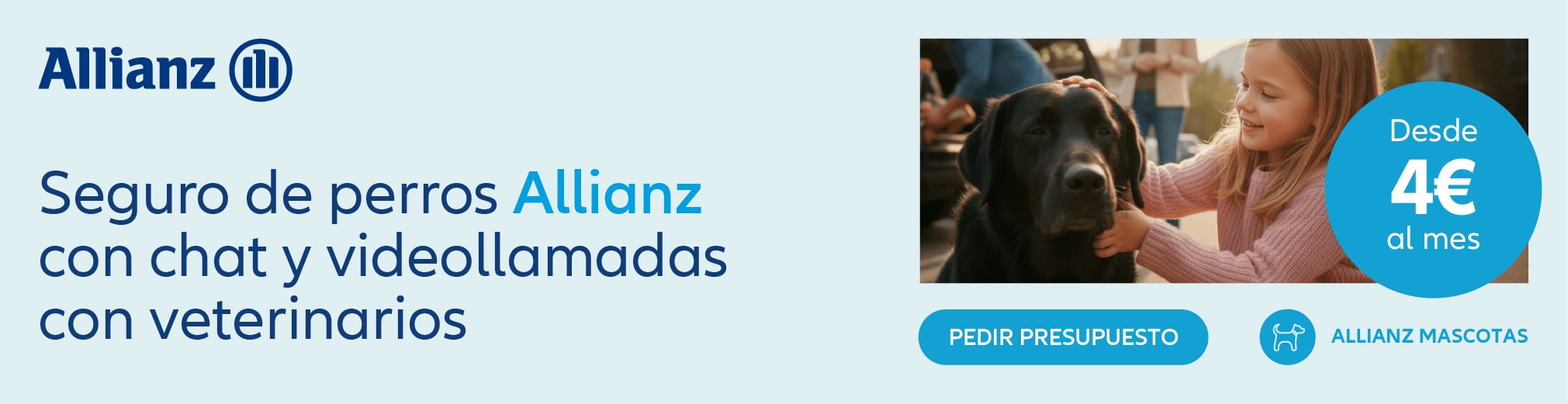 Banner de Seguro de Mascotas Allianz con imagen de una niña jugando con su perro