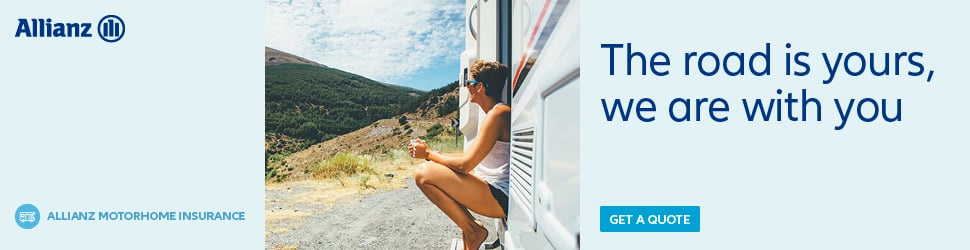 Allianz Motorhome Insurance banner with image of a group of friends and family having a chat by their motorhome