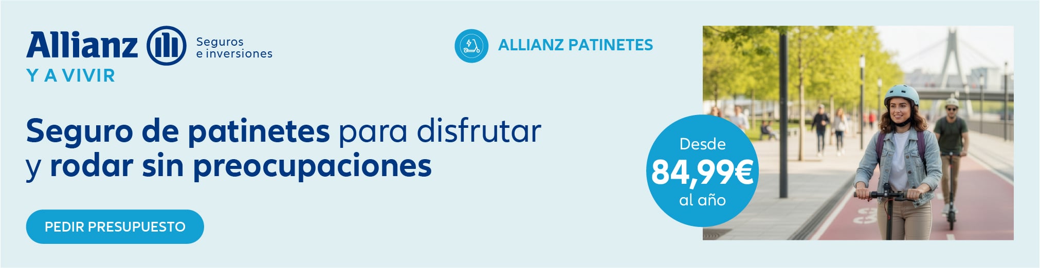 Banner de Seguro de Patinete Allianz con imagen de una mujer en un patinete eléctrico