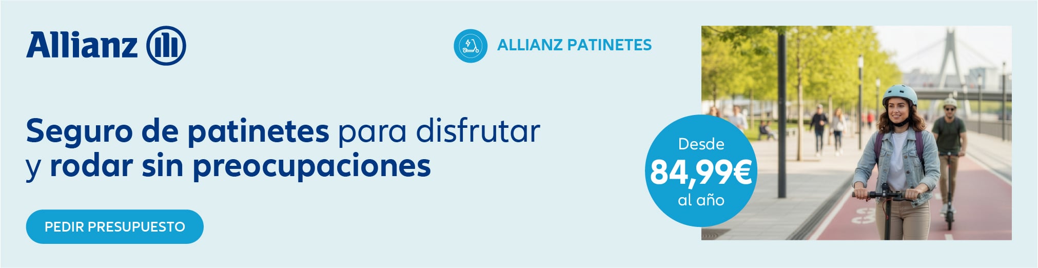 Banner de Seguro de Patinete Allianz con imagen de una mujer en un patinete eléctrico