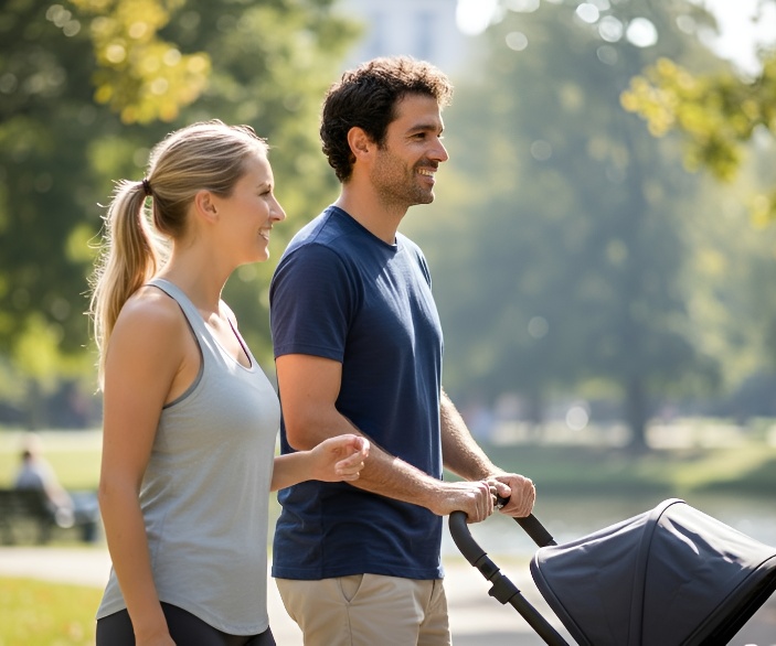 Seguros de Vida: Imagen de unos padres dando un paseo con vuestro bebé en el parque
