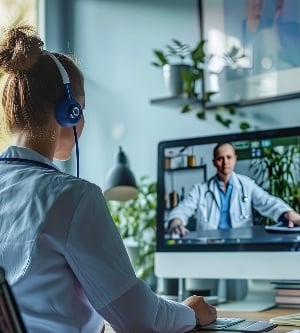 Imagen de un médico que brinda una consulta a través de una videoconferencia para servicio remoto
