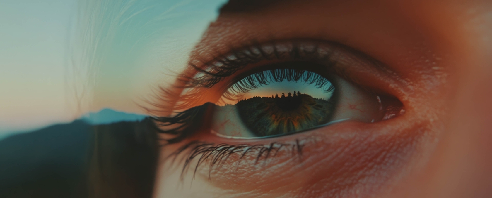 Imagen de primer plano de un ojo de doble exposición que refleja un vasto paisaje que fusiona mundos personales y vastos