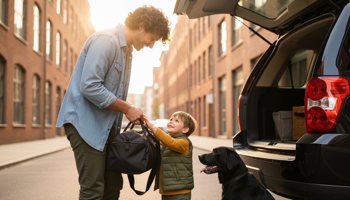 Imagen de una joven pareja feliz se muda a una nueva casa. Están acostados en el piso con su cachorrito después de que trajeron cajas con cosas a su nuevo hogar.