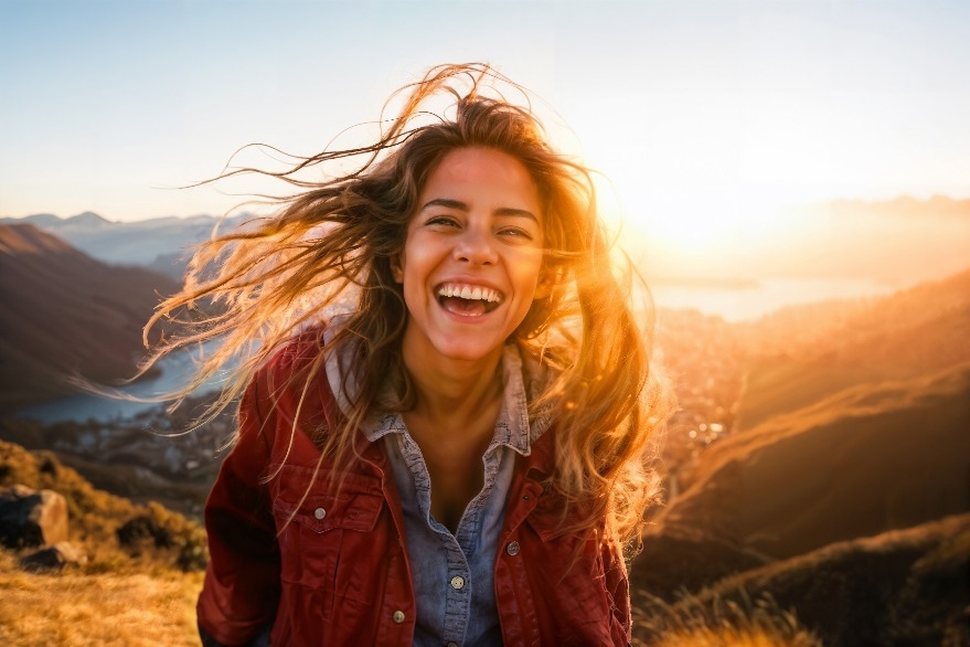 Imagen de puesta de sol, con una excursionista sonrienndo
